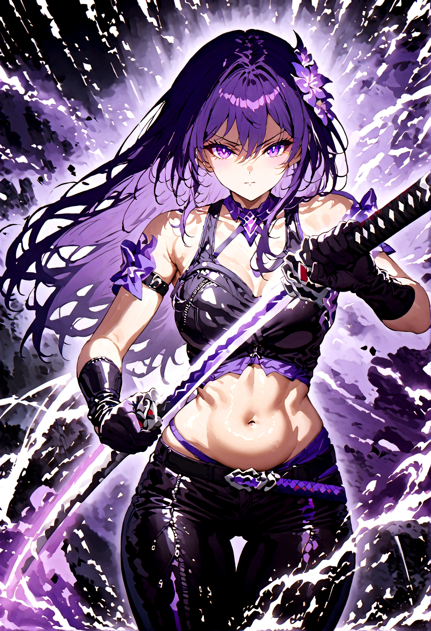 Anime-Mädchen mit sehr langen dunkelvioletten Haaren und einem Blumenhaar-Accessoire, trägt schwarze kurze Jeans mit Latexsocken und Sportschuhen, trägt ein ausgeschnittenes Hemd ohne Ärmel und ist von unten halb ausgeschnitten, sodass ihr Bauch zu sehen ist, trägt eine schwarze Weste mit kurzen Latexhandschuhen, violett leuchtende Augen, hält ein Katana in den Händen, ihre Elementarkraft ist violetter Donner, mit fittem Körper