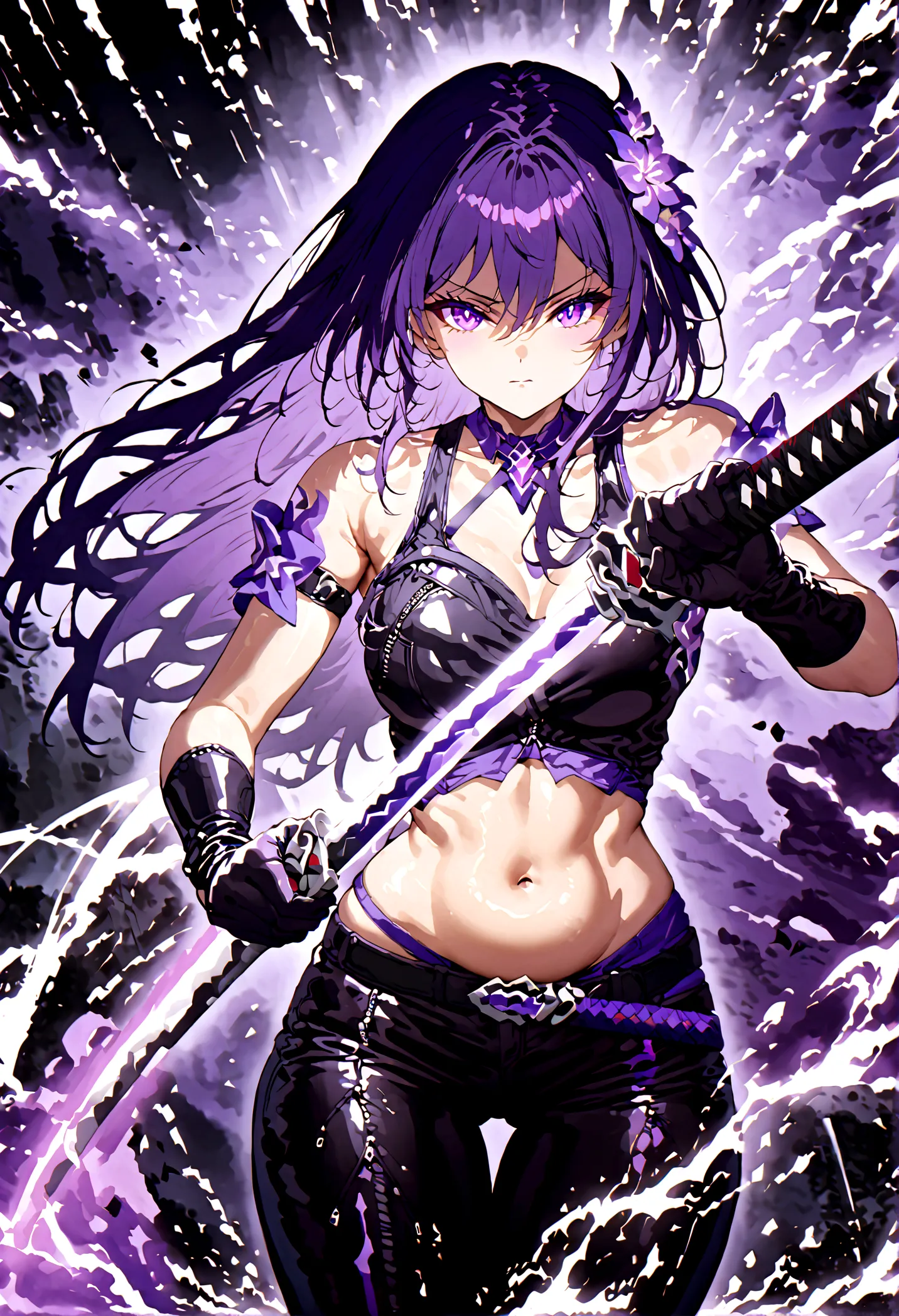 Anime girl with very long dark purple hair and a flower hair accessory wearing black short jeans with latex socks and a sport sh...