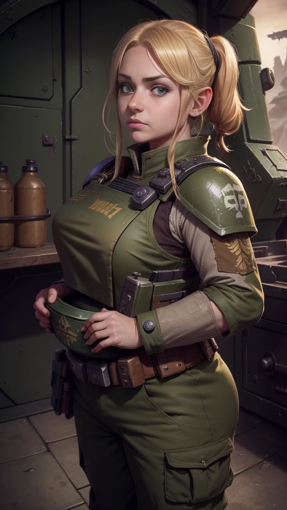 1girl, (high-angle shot), warhammer 40k imperial guardsman, ((female hobbit)). blonde hair, bare hand, hafling, pants, (green bulletproof vest), ((large nose)), large expressive eyes, ((in a rusty spaceship)), chubby face, black paint under eyes, dirty, holding food