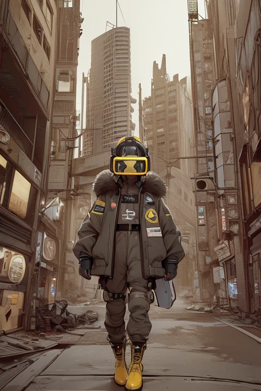 full body image, (ultra detailed,ultra high res,detailed background),((2D)),((flat color)),((muted color)), 1solo, looking at viewer, baggy geometric patterned flight suit, large shearling collared bomber jacket, (big yellow galoshes), plush collar, full body image, wearing vr goggles, ((baron desert intricut background)), ((apocalyptic city)), entire body in frame, ((drone next to her))