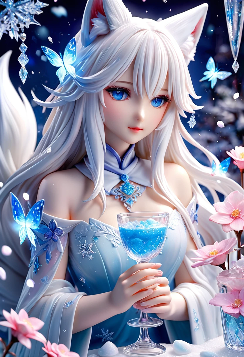 Ultra detailed, HDR, Highres, absurdres, master piece, white fox, Ninetales, expressive blue eyes, glass, ice glittering butterflies, ice, petals, pink ice glass flowers, cute, glittering, water, fantasy, magical, snowflakes, cold, small and cute,