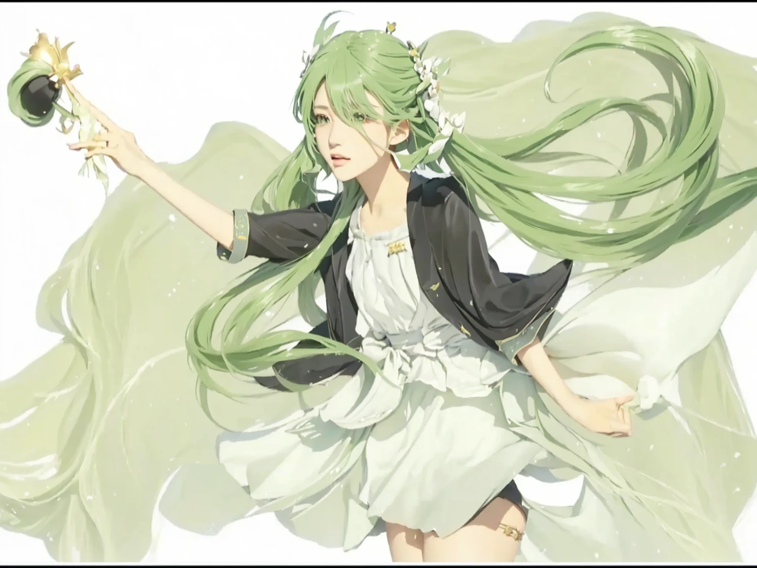 ((Masterpiece)), (best quality), (very detailed), ((very detailed)), 4k, (8k),1 girl,Hatsune Miku,  girl with long green hair holding a small black crown, green flowing hair, vocaloid, realistic style, pixiv,  in dress, realistic image, shirabii, anime girl with long hair, , arte koto no ha no niwa, miku, cushart, hatsune miku ,realistic dress, realistic skin, realistic hair