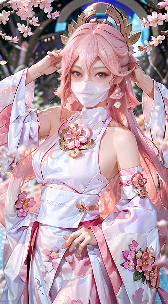 ((masterpiece, best quality)), (1girl),((mature female)), animal ears, bare shoulders, blush, breasts, cherry blossoms, closed mouth, detached sleeves, earrings, fingernails, flower, fox ears, gem, hair between eyes, hair ornament, hand up, japanese clothes, jewelry, kimono, long hair, looking at viewer, medium breasts, miko, nontraditional miko, pink eyes, pink flower, pink hair, purple gemstone, short kimono, sidelocks,standing, yea miko \(genshin impact\), wearing face veil, (white face veil, silk mask veil:1.2),