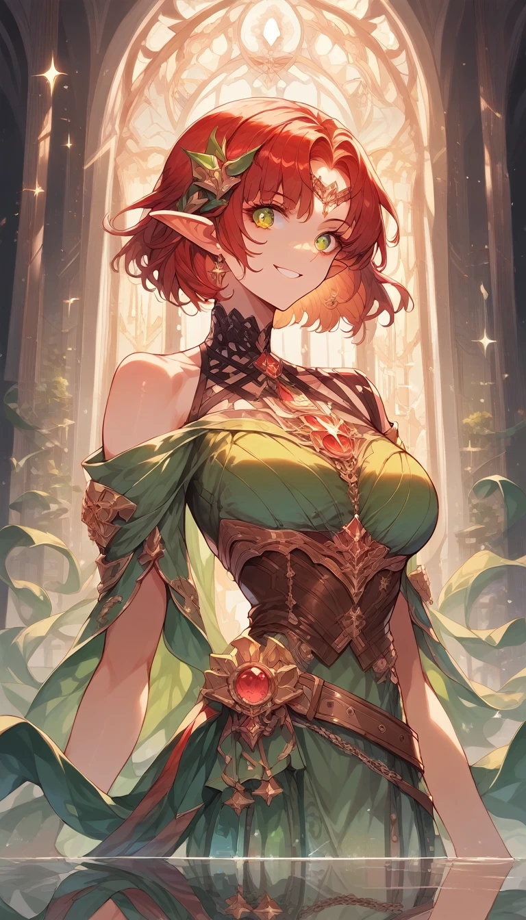 red hair, shiny hair, bob cut, ribbon, mismatched pupils, long pointy ears, elf, evil smile, sparkle, reflection light, ((masterpiece)), (super detail), textured skin, high quality, highres, best quality, (high details), detailed eyes, detailed face, fantasy animation, sunlight, off-shoulder, green dress, brown belt, jewelry