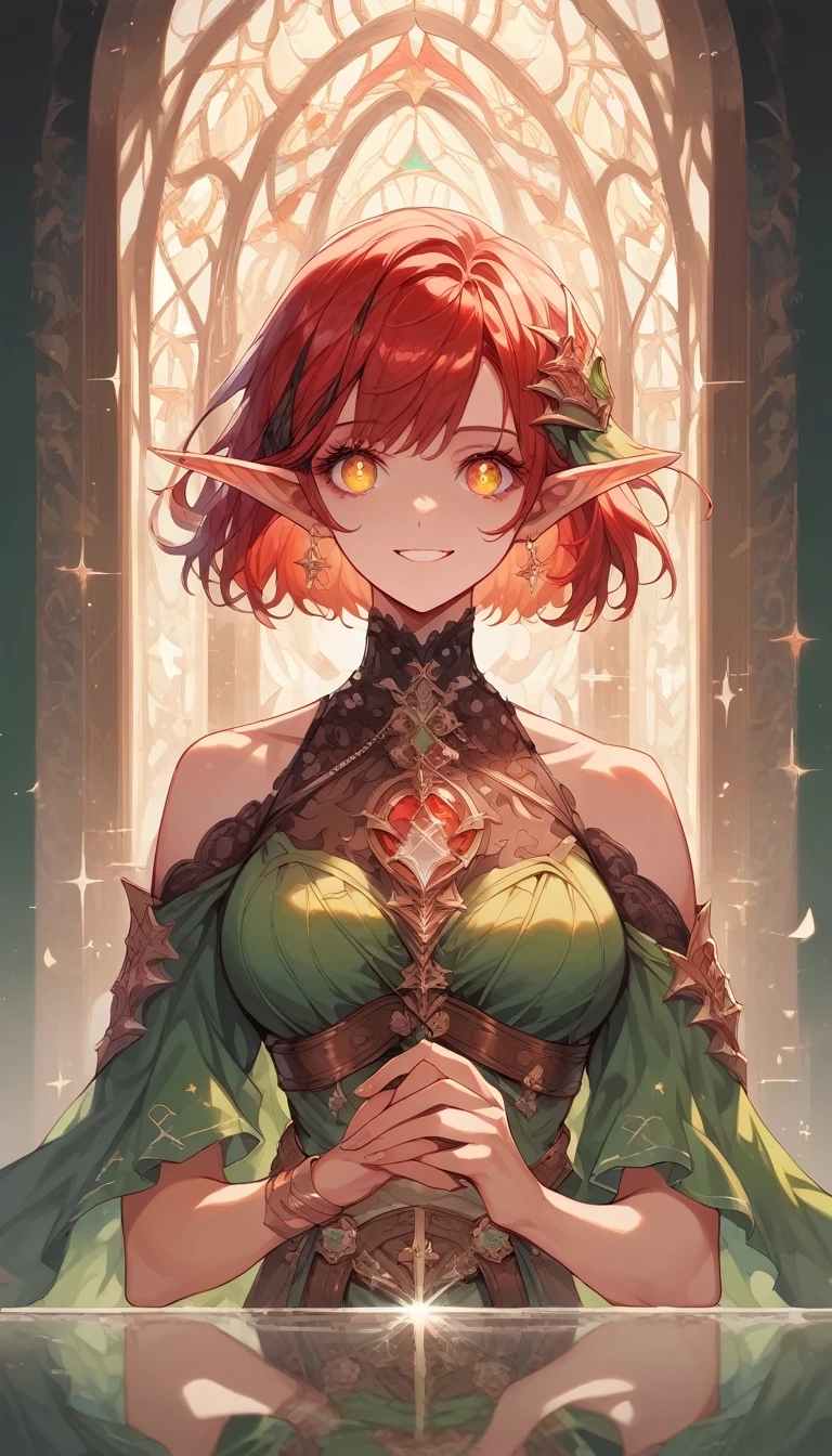 red hair, shiny hair, bob cut, ribbon, mismatched pupils, long pointy ears, elf, evil smile, sparkle, reflection light, ((masterpiece)), (super detail), textured skin, high quality, highres, best quality, (high details), detailed eyes, detailed face, fantasy animation, sunlight, off-shoulder, green dress, brown belt, jewelry