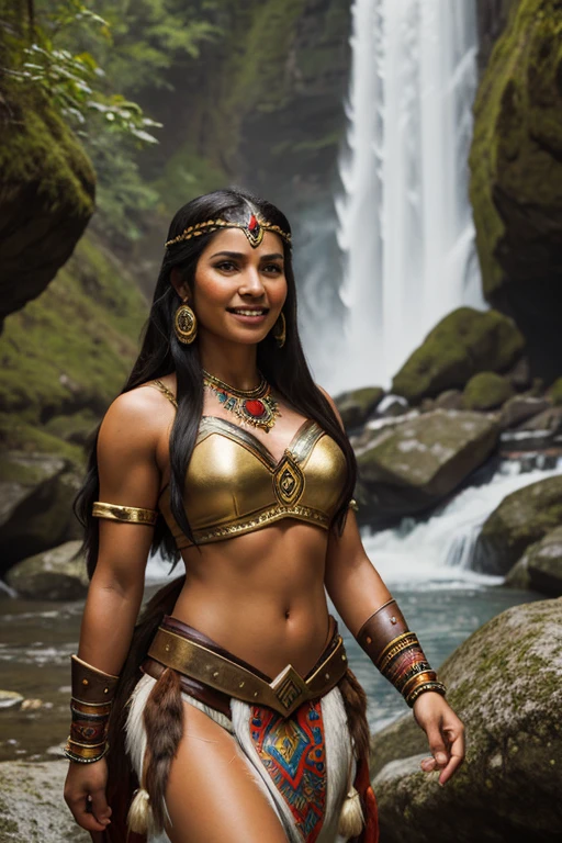 Femme Araffe en costume indigène marchant devant une cascade, Pocahontas, sourire, portrait d&#39;un jeune Pocahontas, portrait de Pocahontas, robe de guerrier, femme guerrière, princesse guerrière, guerrier amazone, femme des cavernes, Dwayne Johnson dans le rôle de Wonder Woman, Déesse guerrière aztèque, una hermosa femme guerrière, Américain de naissance, vêtements tribaux, portrait de princesse aztèque