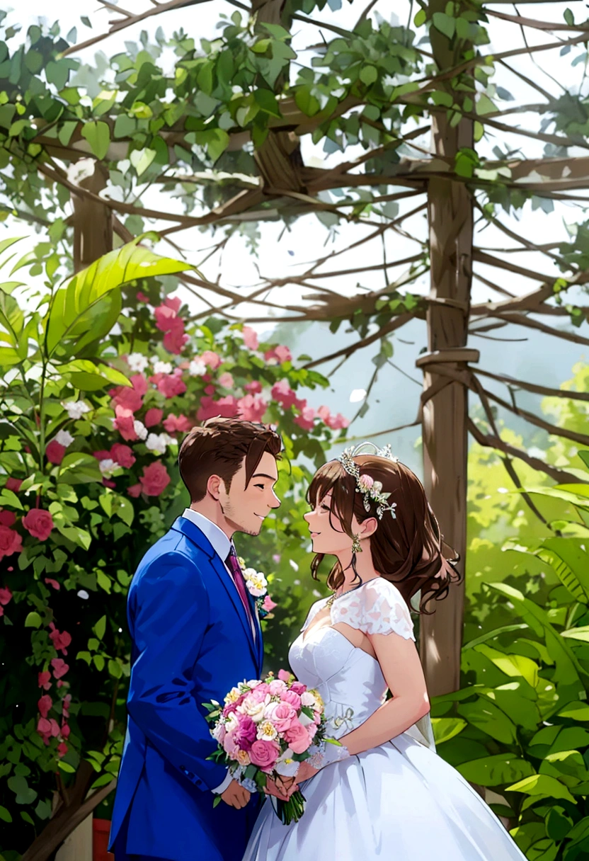 Belle scène de mariage, deux personnages, tous deux debout, vue complète du corps, Le marié aux cheveux bruns façon Loid de Spy x Family, Porter un costume bleu, mariée aux cheveux blonds et une couronne de mariage et dans une élégante robe blanche avec un et tenant un bouquet de fleurs, tous deux souriant joyeusement, des visages incroyablement beaux, expressions heureuses, fond romantique dans un jardin de sakura avec des fleurs épanouies et un éclairage tamisé