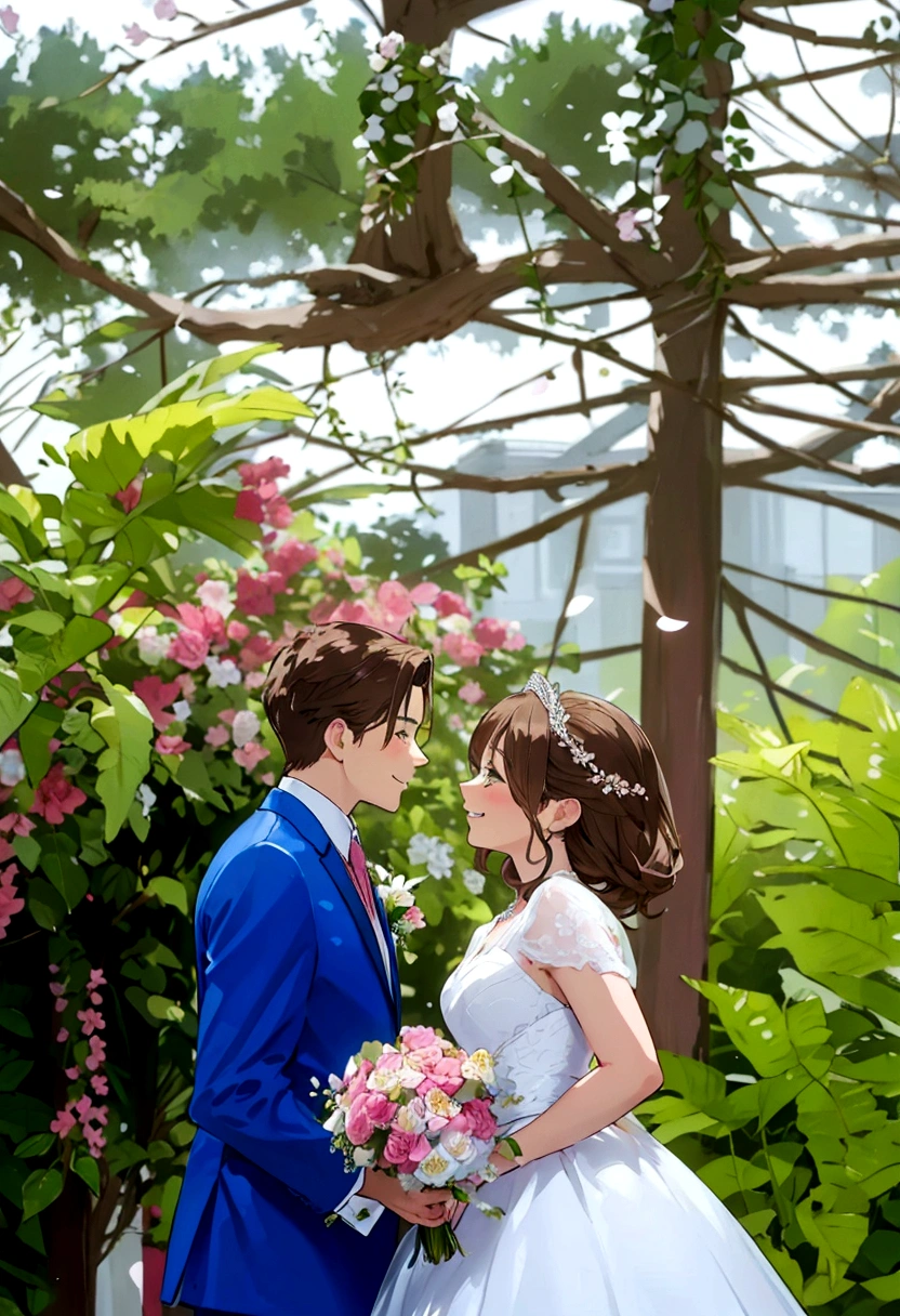 Belle scène de mariage, deux personnages, tous deux debout, vue complète du corps, Le marié aux cheveux bruns façon Loid de Spy x Family, Porter un costume bleu, mariée aux cheveux blonds et une couronne de mariage et dans une élégante robe blanche avec un et tenant un bouquet de fleurs, tous deux souriant joyeusement, des visages incroyablement beaux, expressions heureuses, fond romantique dans un jardin de sakura avec des fleurs épanouies et un éclairage tamisé