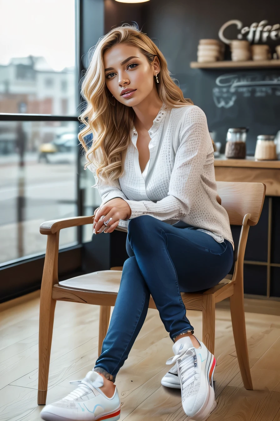 alta calidad,16k:1.1),((, Mujer alemana sentada en una silla en una cafetería）, 、(tiro de cuerpo completo:1.2),(),cabello rubio ondulado、、la perforación del oído、sonrisa、Hermosa alineación de los dientes、((blusa de manga larga、Vaqueros ajustados、zapatillas)), ,(Ver tu audiencia:1.3),El fondo es una cafetería.
