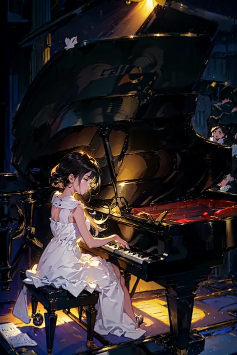 1girl,solo,cute,dress,play the piano,piano,on the stage,spotlight,floating music note,brilliant