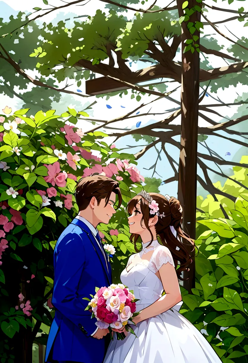 Beautiful wedding scene, two characters, both standing, full body view, Groom with Loid style brown hair from Spy x Family, wear...