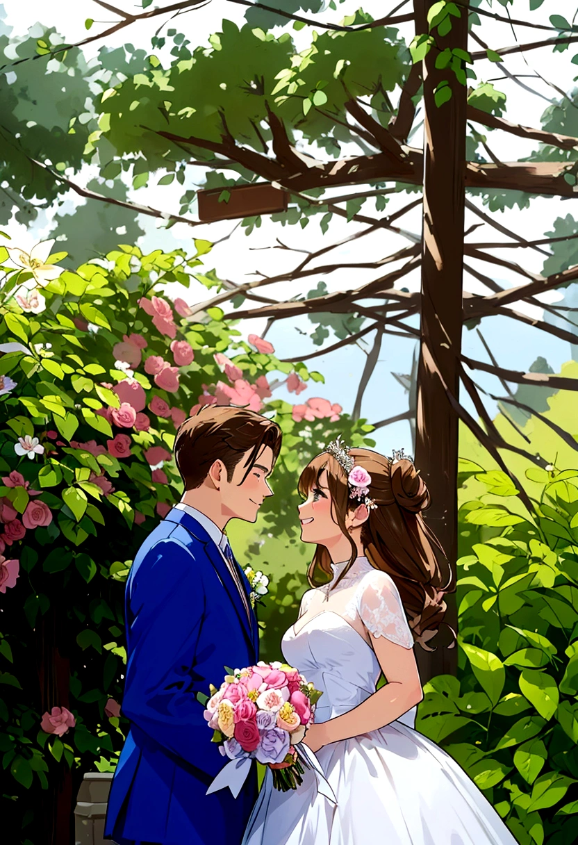 Beautiful wedding scene, two characters, both standing, full body view, Groom with Loid style brown hair from Spy x Family, wearing a blue suit, bride with blonde hair and a wedding crown and in an elegant white dress with a and holding a bouquet of flowers, Both smiling happily, incredibly beautiful faces, happy expressions, romantic background in a sakura garden with blooming flowers and soft lighting. woman with blonde hair. eyes browns