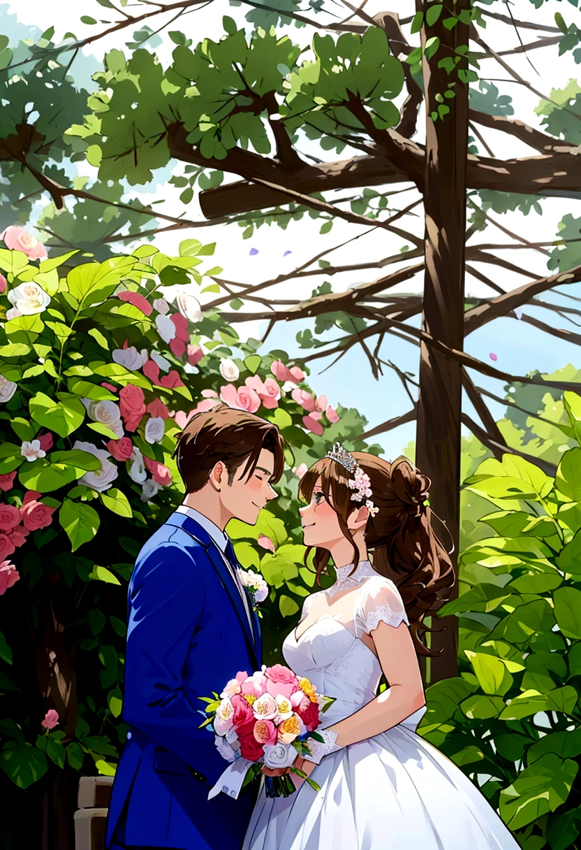 Beautiful wedding scene, two characters, both standing, full body view, Groom with Loid style brown hair from Spy x Family, wearing a blue suit, bride with blonde hair and a wedding crown and in an elegant white dress with a and holding a bouquet of flowers, Both smiling happily, incredibly beautiful faces, happy expressions, romantic background in a sakura garden with blooming flowers and soft lighting. woman with blonde hair. eyes browns