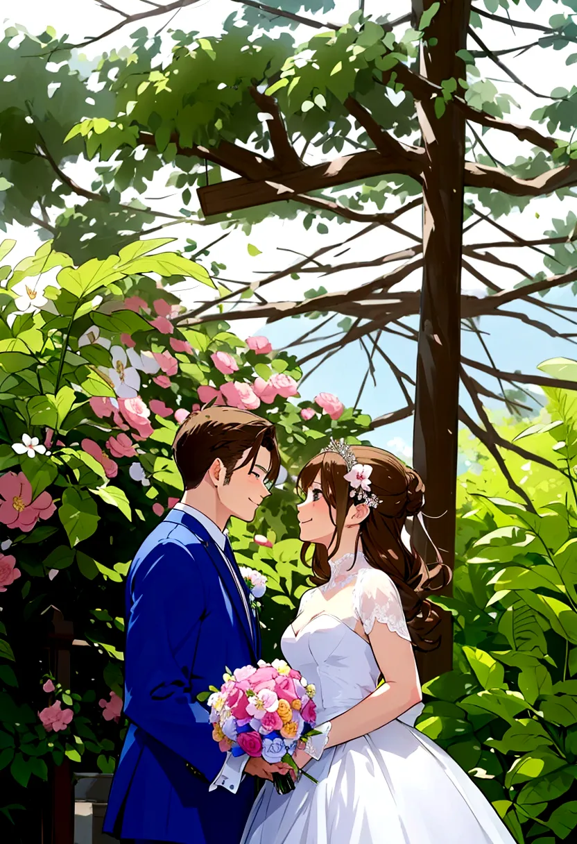 beautiful wedding scene, two characters, both standing, full body view, groom with loid style brown hair from spy x family, wear...