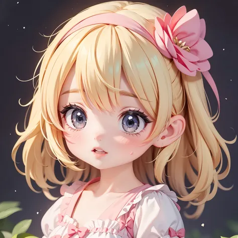  Chibi Character：1.5、Blonde Hair、Cute 7 year old girl、pink cinderella dress