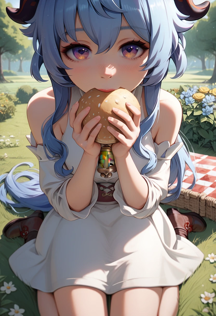 best quality, masterpiece, anime girl , young girl, 24 years old, thick legs , 1 girl, bangs,long hair, cute face, perfect shot, perfect anatomy, ganyu, medieval, garden background, mountais, forest, full body,  4k, high resolution , detailed face, detailed eyes, close eyes,  sitting, picnic, panorama pov, first person view, kiss, kissing pov, inminent kiss