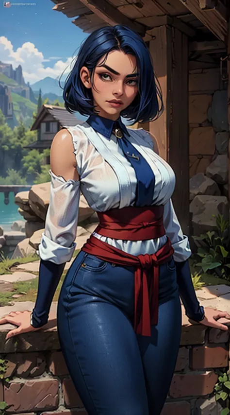 A girl, - Indigo blue hair, short uplifted and fluffy hairstyle, sharp look, a serious expression, a fantasy martial arts style ...