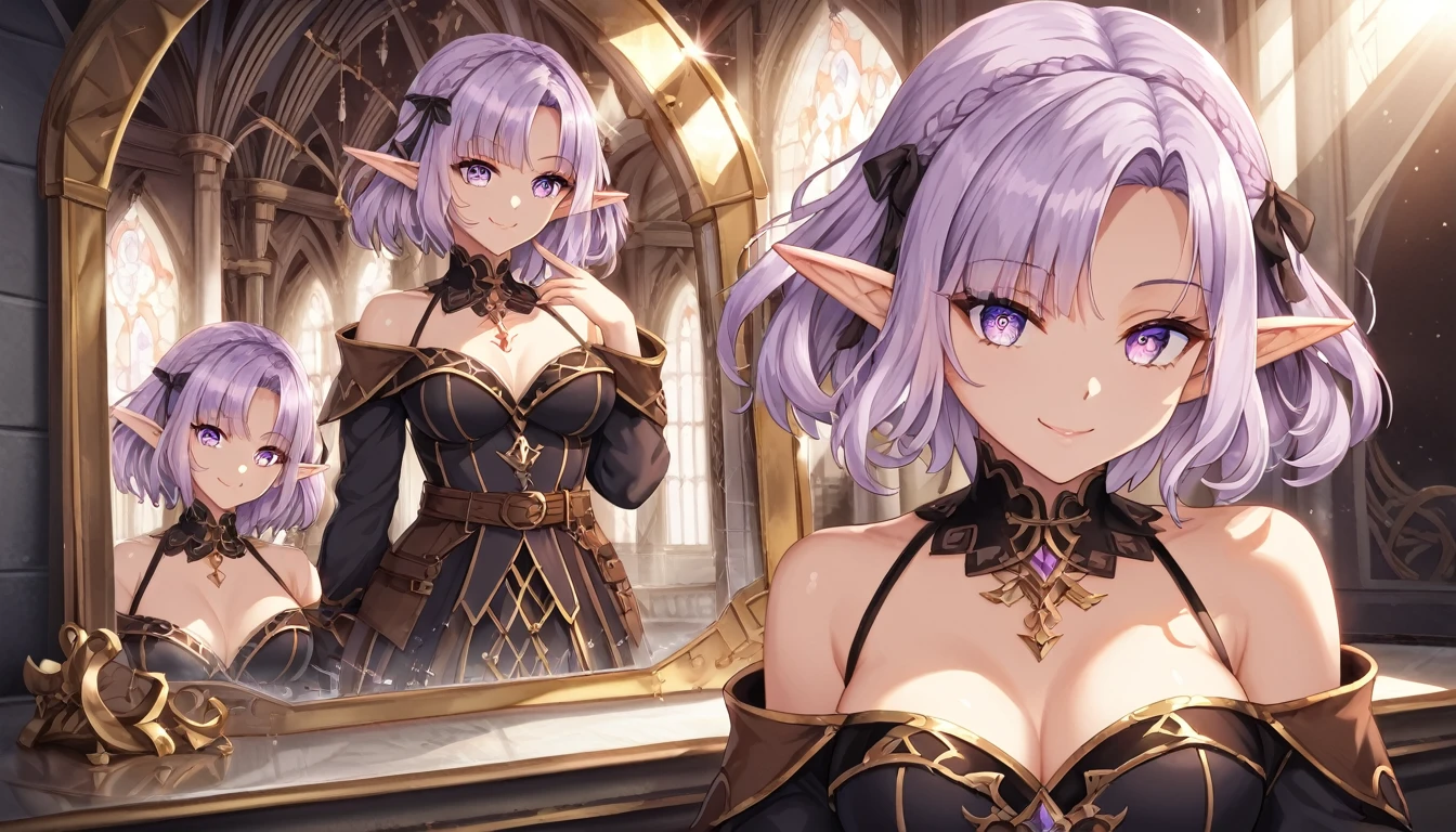 light purple hair, shiny hair, medium hair, ribbon, mismatched pupils, long pointy ears, elf, evil smile, sparkle, reflection light, ((masterpiece)), (super detail), textured skin, high quality, highres, best quality, (high details), detailed eyes, detailed face, fantasy animation, sunlight, off-shoulder, navy dress, brown belt, jewelry