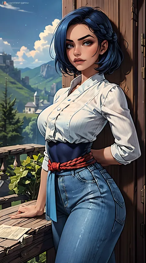 A girl, - Indigo blue hair, short uplifted and fluffy hairstyle, sharp look, a serious expression, a fantasy martial arts style ...