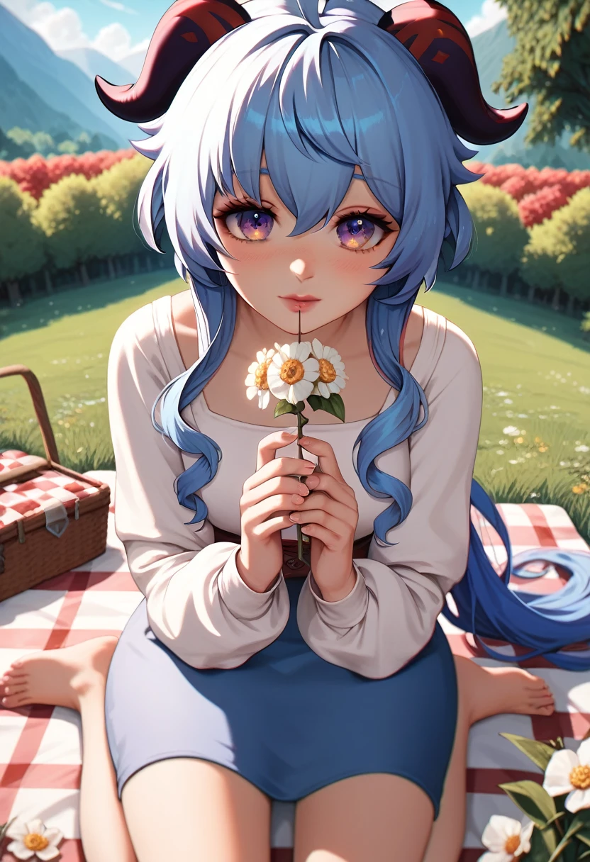 best quality, masterpiece, anime girl , young girl, 24 years old, thick legs , 1 girl, bangs,long hair, cute face, perfect shot, perfect anatomy, ganyu, medieval, garden background, mountais, forest, full body,  4k, high resolution , detailed face, detailed eyes, close eyes,  sitting, picnic, panorama pov, first person view, kiss, kissing pov, inminent kiss