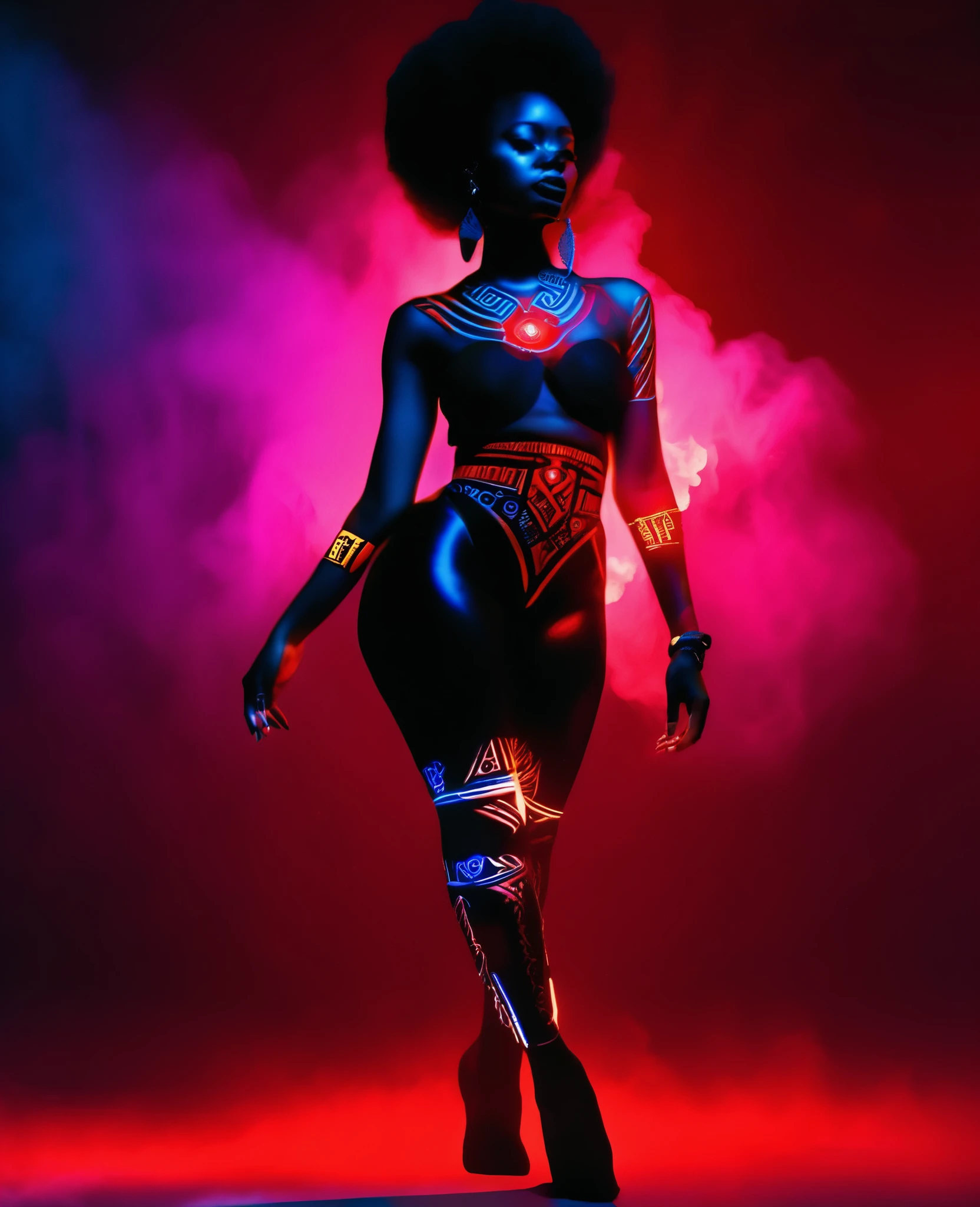 Foto de corpo inteiro de uma mulher negra vestida com roupas de design africano com tatuagens vermelhas e azuis brilhantes iluminadas por néon, parado em um lugar vazio com tatuagens iluminando a cena, uma atmosfera de névoa amarela na cena, as tatuagens brilhando na cena, fornecendo uma gradação de cores cinematográfica atmosférica, 32 mil, 