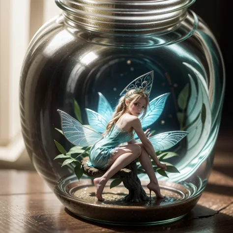 A fairy locked inside a glass jar. beautiful fairy, detailed, Fancy. realist, tiny. Giant world, size difference.