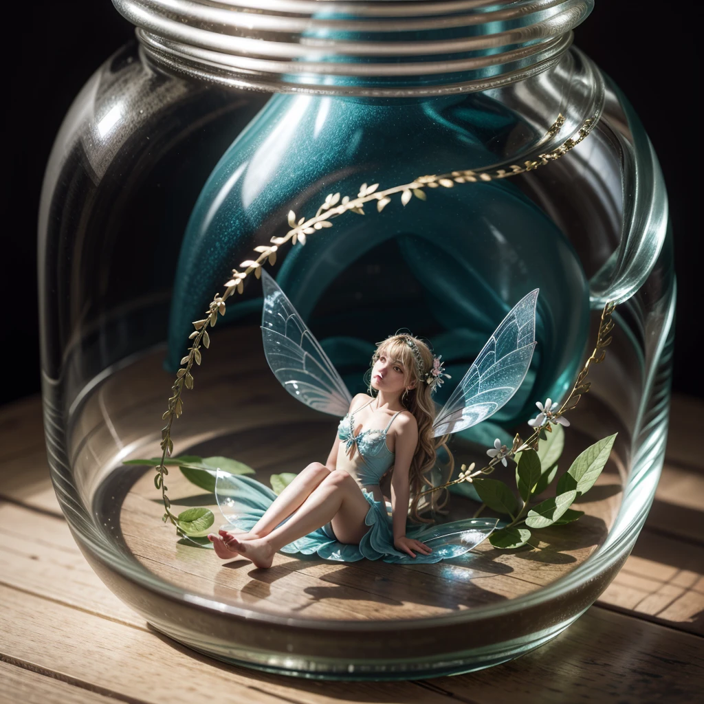 A fairy locked inside a glass jar. beautiful fairy, detailed, Fancy. realist, tiny. Giant world, size difference.