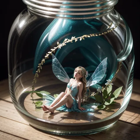 a fairy locked inside a glass jar. beautiful fairy, detailed, fancy. realist, tiny. giant world, size difference.