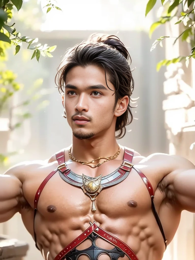 Strong tall gladiator 和 muscular build, (強烈的目光, 富有表現力的眼睛:1.1), 銳利的臉部特徵, (美麗細緻的嘴唇), 身穿古代神力女超人盔甲風格，手持大劍. 這 gladiator stands confidently in a dusty arena, 沐浴在温暖的金色阳光下. 這 (蕩漾的肌肉) 在他的手臂和腿上展示了他令人難以置信的力量, 而他的 (輪廓分明的腹肌) 透露出他對健身的執著. 他的 (雕刻下顎線) 增添了他英俊而令人生畏的外表. 這 armor he wears is intricately designed, 和 (華麗的雕刻) 和一個 (金色饰面) 在陽光下閃閃發光. 這 helmet he wears features a (一縷羽毛) 這為他的外表增添了一種帝王氣息. 這 arena itself is filled 和 a crowd of spectators cheering and (雷鳴般的掌聲) 充满空气. 這 atmosphere is (電動且帶電), 和 anticipation for the thrilling battle about to take place. 這 gladiator exudes confidence and determination as he prepares to face his opponent, 準備好證明他在古代戰鬥藝術中的實力. (最好的品質, 實際的), (電影燈光:1.15), (鮮豔的色彩), 增強整體視覺衝擊力，讓場景栩栩如生.