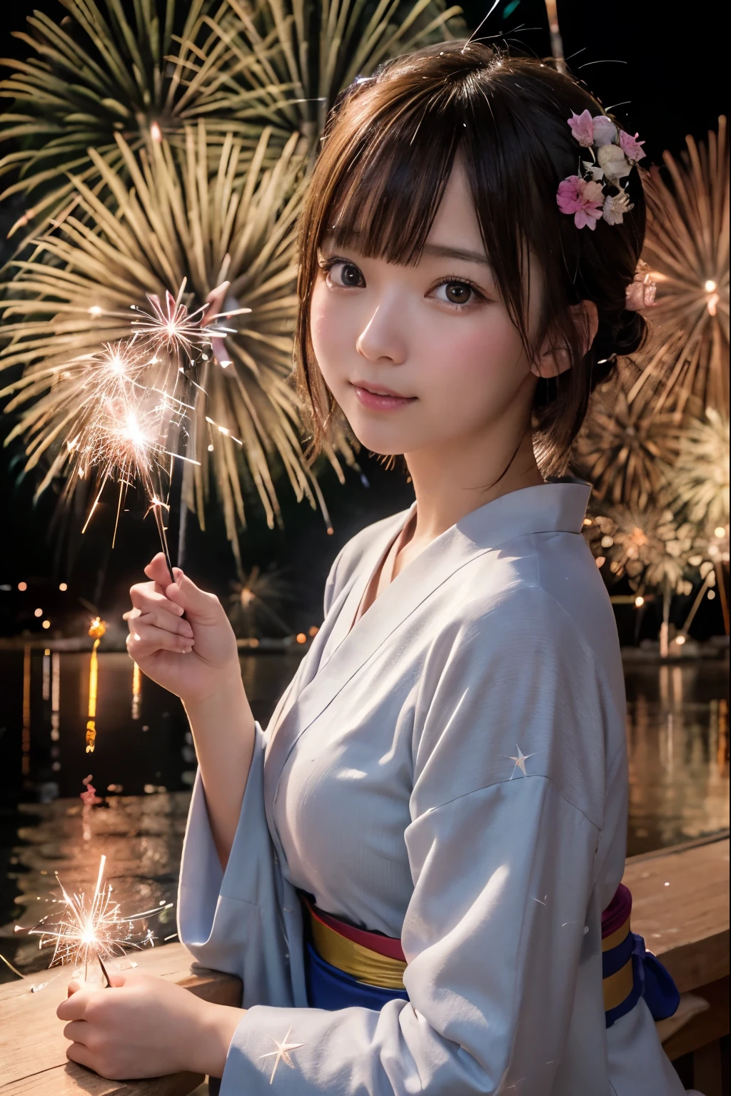 Perfectly Anatomically Correct:1.4, 5 Beautiful finger:1.4, 
1 Japanese Girl, Very Short Hair Bun:1.2, Wide-Set Eyes, Very White Skinned, Blush, Bashfully, 18-Year-Old, Open Mouse Slightly, 
Cute Eyes, Brown Hair, Light Smiling, Cheerful, 
(Turning Japanese Sparklers Below Within Reached Arm:1.6), 
(Point Fireworks at Viewer:1.4), 
(No Shooting-Up of Fireworks:1.4), 
Squatting, ((Pale-Blue Japanese Clothes, Yukata, Kimono)), 
Non-Nipple:1.2, 
Looking Up Viewer:1.2, 
in Riverside, 
 BREAK 
8K, RAW Photo, Best Quality, Masterpiece, Realistic, PhotoRealistic, Extremely Detailed 8K Wallpaper, Beautifully Detailed Eyes, Finely Detailed Face, POV Shot, 
 BREAK 
High-Key Lighting, Professional Lighting, Bokeh:1.4