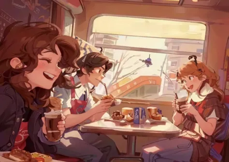 several people sitting at a table eating food and drinking, accurate portrayal, high quality fanart, into the spiderverse, diner...