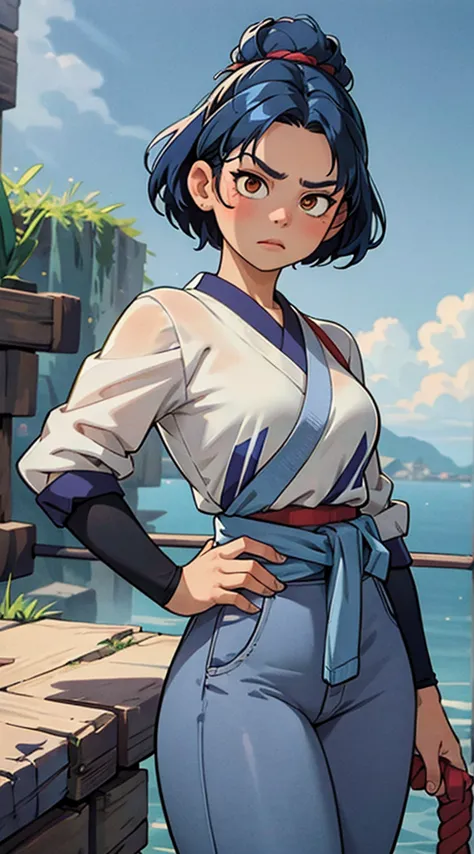 a girl, - indigo blue hair, short uplifted and fluffy hairstyle, sharp look, a serious expression, a fantasy martial arts style ...