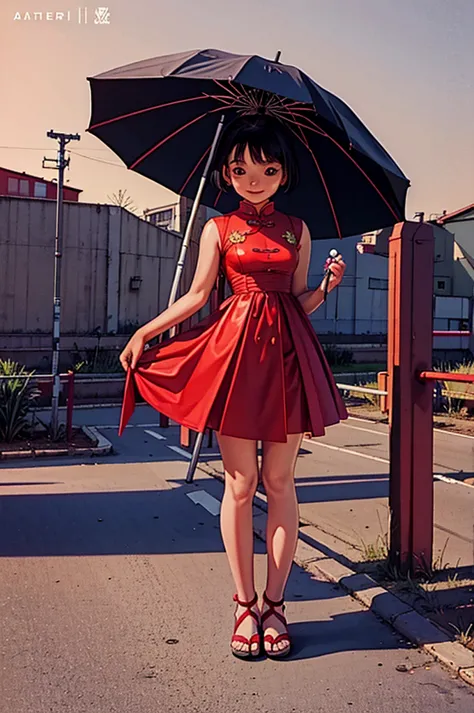 red chinese dress, 1 girl, standing alone, Bblack hair, shorth hair, trunk, ssmile, parasol, mature woman,