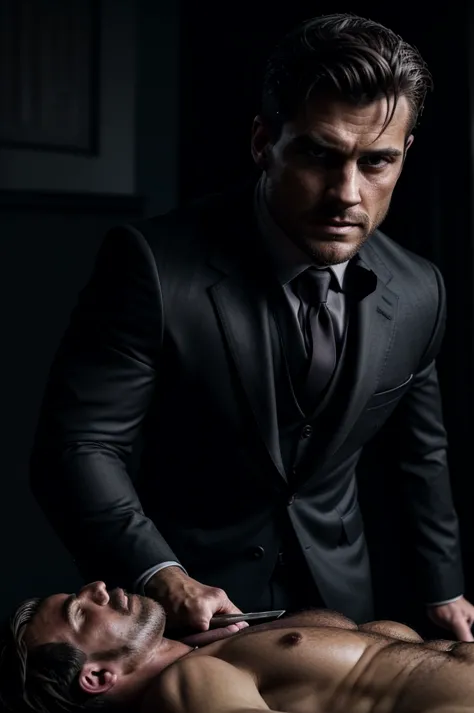 a handsome and realistic man, detailed face, striking eyes, sharp jawline, muscular build, wearing a dark suit, holding a knife,...