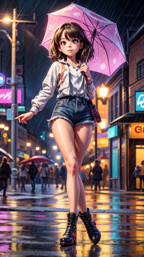 (beautiful detailed eyes, beautiful detailed lips, extremely detailed eyes and face, long eyelashes), 1girl, dynamic dancing pose, dancing in the rain, rainy day, asphalt street, neon lights, urban background, hip hop style, street style, colorful umbrella, vivid colors, (best quality, 4k, 8k, highres, masterpiece:1.2), ultra-detailed, (realistic, photorealistic, photo-realistic:1.37), digital art, cinematic lighting, dramatic atmosphere