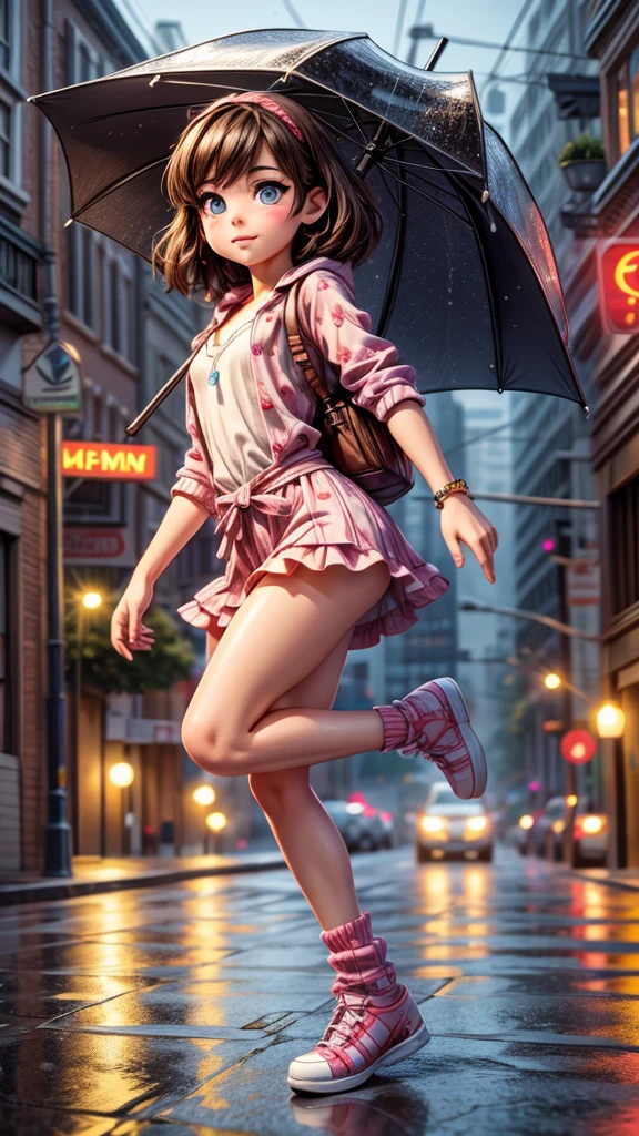 (beautiful detailed eyes, beautiful detailed lips, extremely detailed eyes and face, long eyelashes), 1girl, dynamic dancing pose, dancing in the rain, rainy day, asphalt street, neon lights, urban background, hip hop style, street style, colorful umbrella, vivid colors, (best quality, 4k, 8k, highres, masterpiece:1.2), ultra-detailed, (realistic, photorealistic, photo-realistic:1.37), digital art, cinematic lighting, dramatic atmosphere