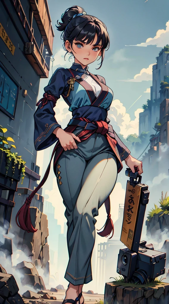 a mechanical girl, indigo gray hair, short uplifted and fluffy hairstyle, sharp look, a serious expression, a fantasy martial arts style sky blue fabric kung fu outfit, tattered sleeves, hands wrapped in ropes, a linen belt tied around the waist, thick fabric pants, on the cliff in the dark of night, This character embodies a finely crafted fantasy martial arts fighter in the anime style, exquisite and mature manga art style, High definition, best qualityer, high resolution, ultra detali, ultra-fine painting, extremely delicate, proffesional, anatomically correcte, symmetrical face, extremely detailed eye and face, high quality eyes, creativity, CRU photo, ultra HD, 8K, naturallight, cinematic lighting, work of art-anatomy-perfect, work of art:1.5