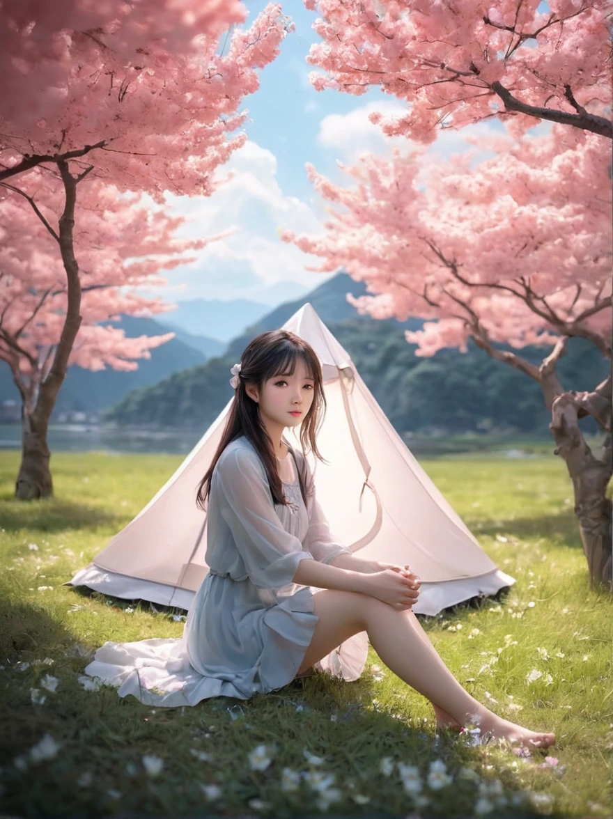 spring，1girl，((beautiful eyes))，((Perfect and refined limbs))，Sitting，在Grass地上，tent，flower，outdoor，Tree，landscape，daytime，Sky，cloud，Grass，橙flower，白flower，nature，Vague，红flower，(masterpiece，Best quality:1.2)，lifelike，Reality，梦幻般的Light芒，错综复杂的detail，Ultra Detailed，detail，High contrast，美丽细致的Light芒，Bright，更多detail，精细发Light，very fine 8K CG wallpaper，Depth of Field，Abuse of color difference，Soft colors，非常精致的Light线，眩Light，Light，Light粒子，reflection，((Infrared photography)) Lighting Machine