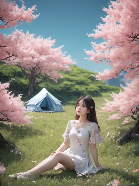 spring，1girl，((beautiful eyes))，((perfect and refined limbs))，sitting，在grass地上，tent，flower，outdoor，tree，landscape，daytime，sky，cl...