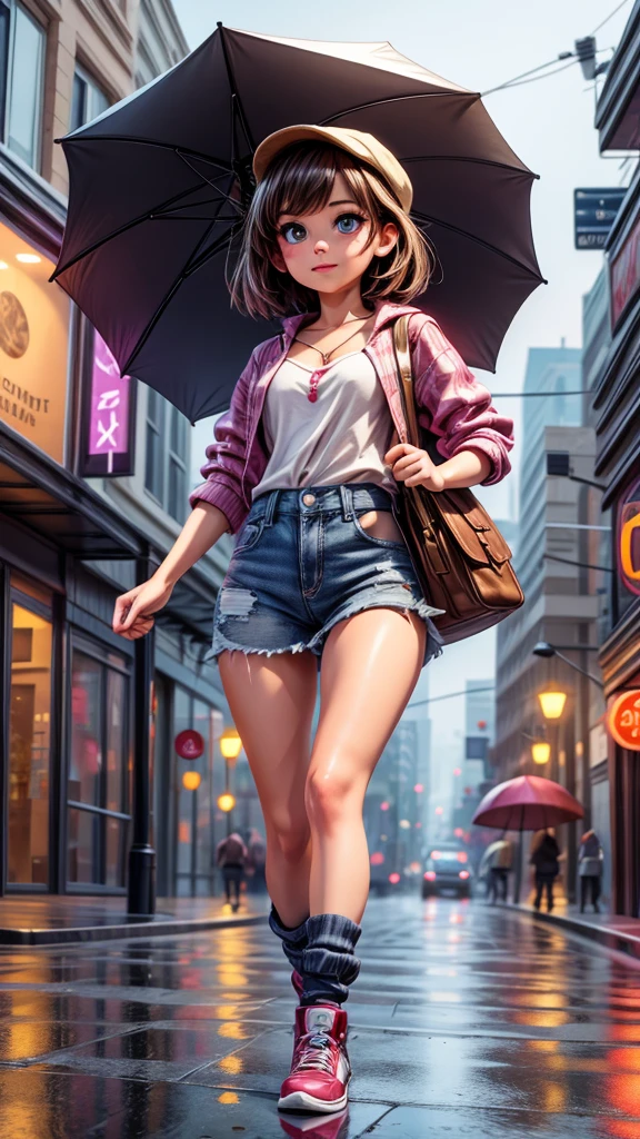 (beautiful detailed eyes, beautiful detailed lips, extremely detailed eyes and face, long eyelashes), 1girl, dynamic dancing pose, dancing in the rain, rainy day, asphalt street, neon lights, urban background, hip hop style, street style, colorful umbrella, vivid colors, (best quality, 4k, 8k, highres, masterpiece:1.2), ultra-detailed, (realistic, photorealistic, photo-realistic:1.37), digital art, cinematic lighting, dramatic atmosphere