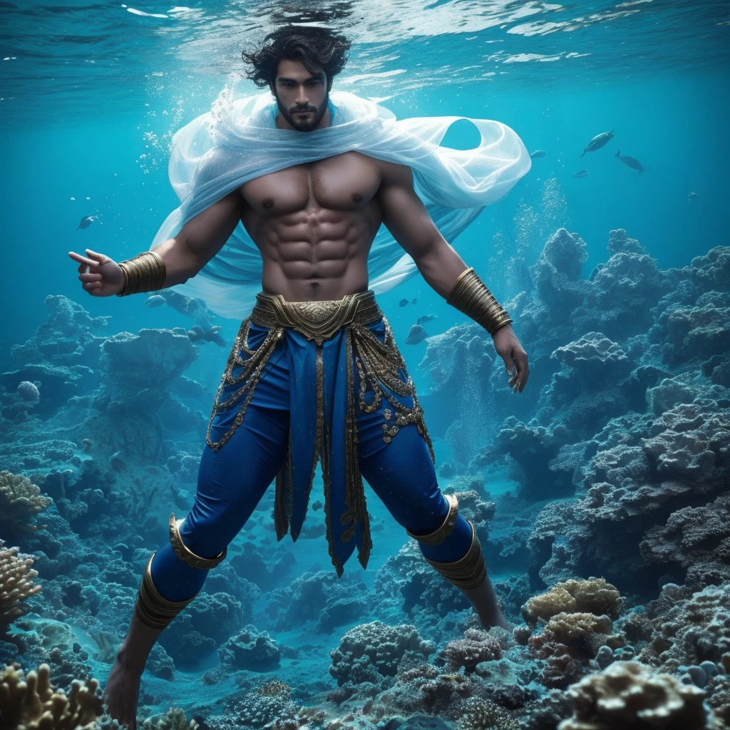 Había una persona bajo el mar que era poderosa., elegante, y hermoso. Todas las razas lo admirarían.. Su cuerpo fuerte y su ropa eran tan hermosos como los de un dios..