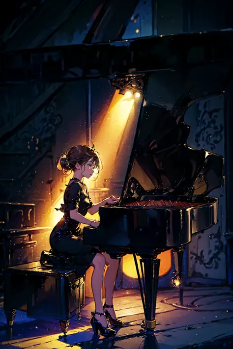 1girl,solo,cute,dress,play the piano,piano,on the stage,spotlight,floating music note,brilliant