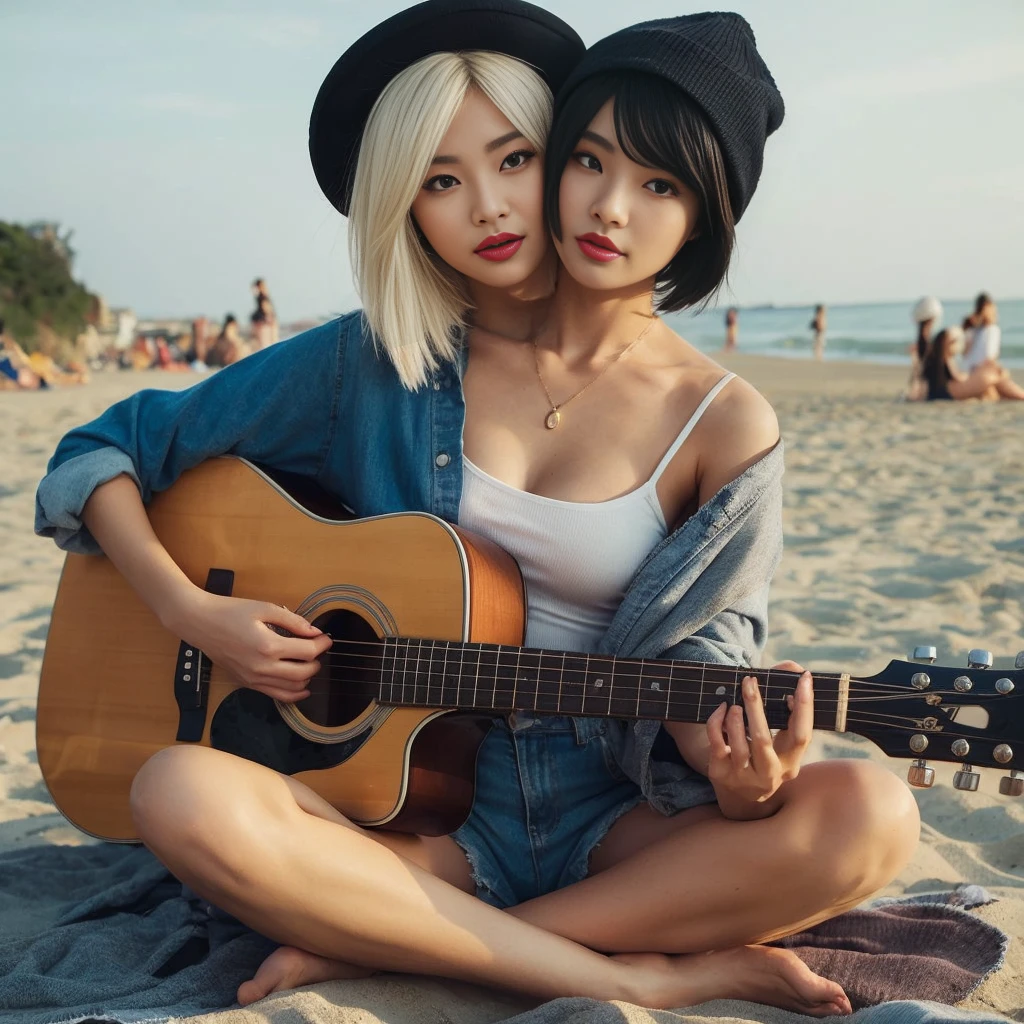 2heads, best resolution, korean woman with two heads, different faces, playing guitar ,lipstick, fedora, beanie, sittinglon beach