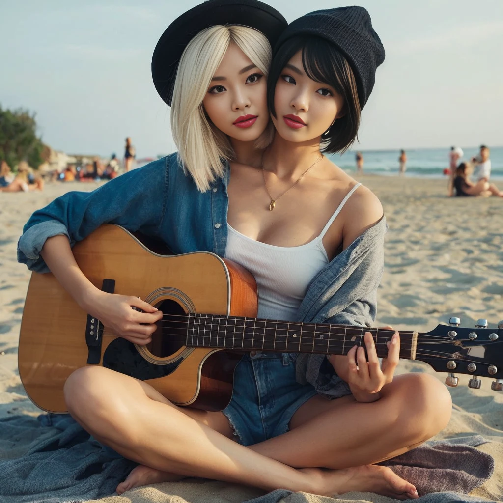 2 Köpfe, beste Auflösung, koreanische Frau mit zwei Köpfen, verschiedene Gesichter, Gitarre spielen ,Lippenstift, Filzhut, beanie, Strand von Sitlon