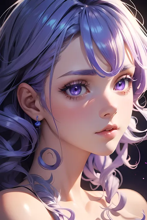 anime A translucent white girl with blue curly hair with purple highlights, extremely detailed, 8K, high resolution, photorealis...