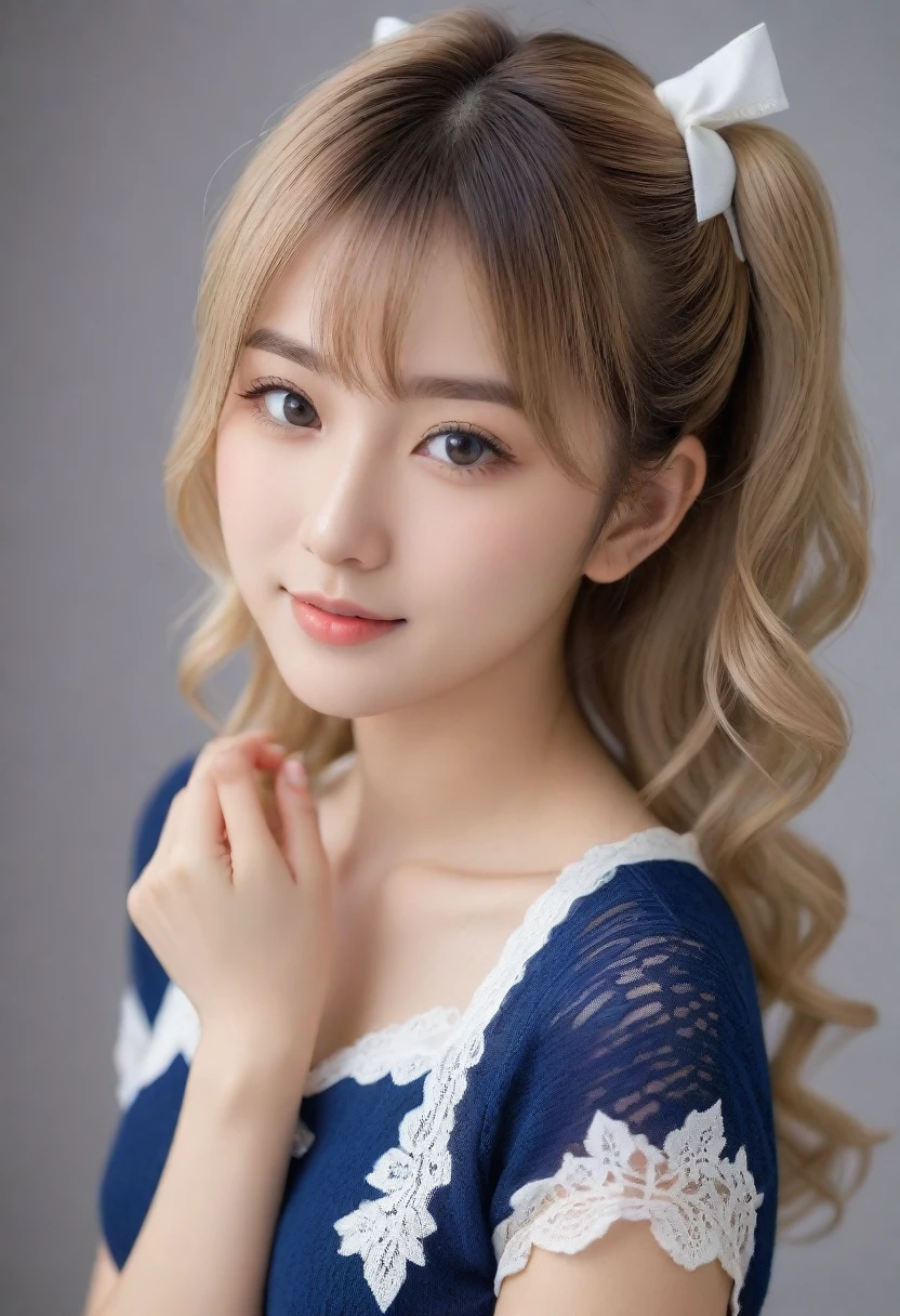 8k, Ultra haute résolution, la plus haute qualité, chef-d&#39;œuvre, 三分割法によるPhotographier,surréaliste, Photographier, 1 fille, (16 ans:1.3), jolie fille, visage mignon, De beaux yeux dans les moindres détails, en détail,chef-d&#39;œuvre,, une fille:1.2, Annonceuse japonaise,(Une très jolie jeune femme japonaise de 20 ans.),  ((Cheveux délicats blond clair)), ((Cheveux courts avec vagues latérales et queues jumelles)),(((Silhouette mince et élancée)))，taille de buste moyenne､petits seins､ (((Nettoyez-vous les mains)))，(bouclé/bouclé髪)，(((Un sourire très gentil))), (((Elle porte une culotte en dentelle bleu marine et blanche.)))，(((Elle porte une robe tricotée bleu marine et blanche.))) ，((la plus haute qualité, course de 16 km, les morceaux volent: 1.3)), Lumière sur le visage, visage très détaillé, Lèvres très détaillées, grains fins,
