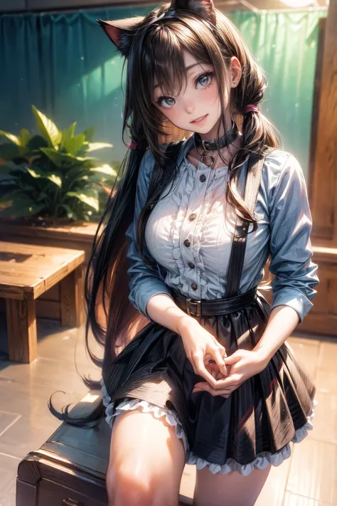 One Girl、(20-year-old woman)、Cat ears headband、Cat tail、Black maid outfit、Holding a tray with two parfaits on it in one hand、Wit...