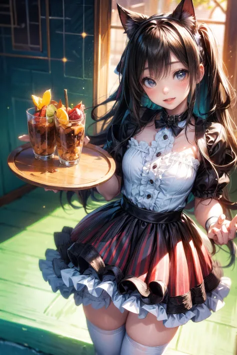 One Girl、(20-year-old woman)、Cat ears headband、Cat tail、Black maid outfit、Holding a tray with two parfaits on it in one hand、Wit...