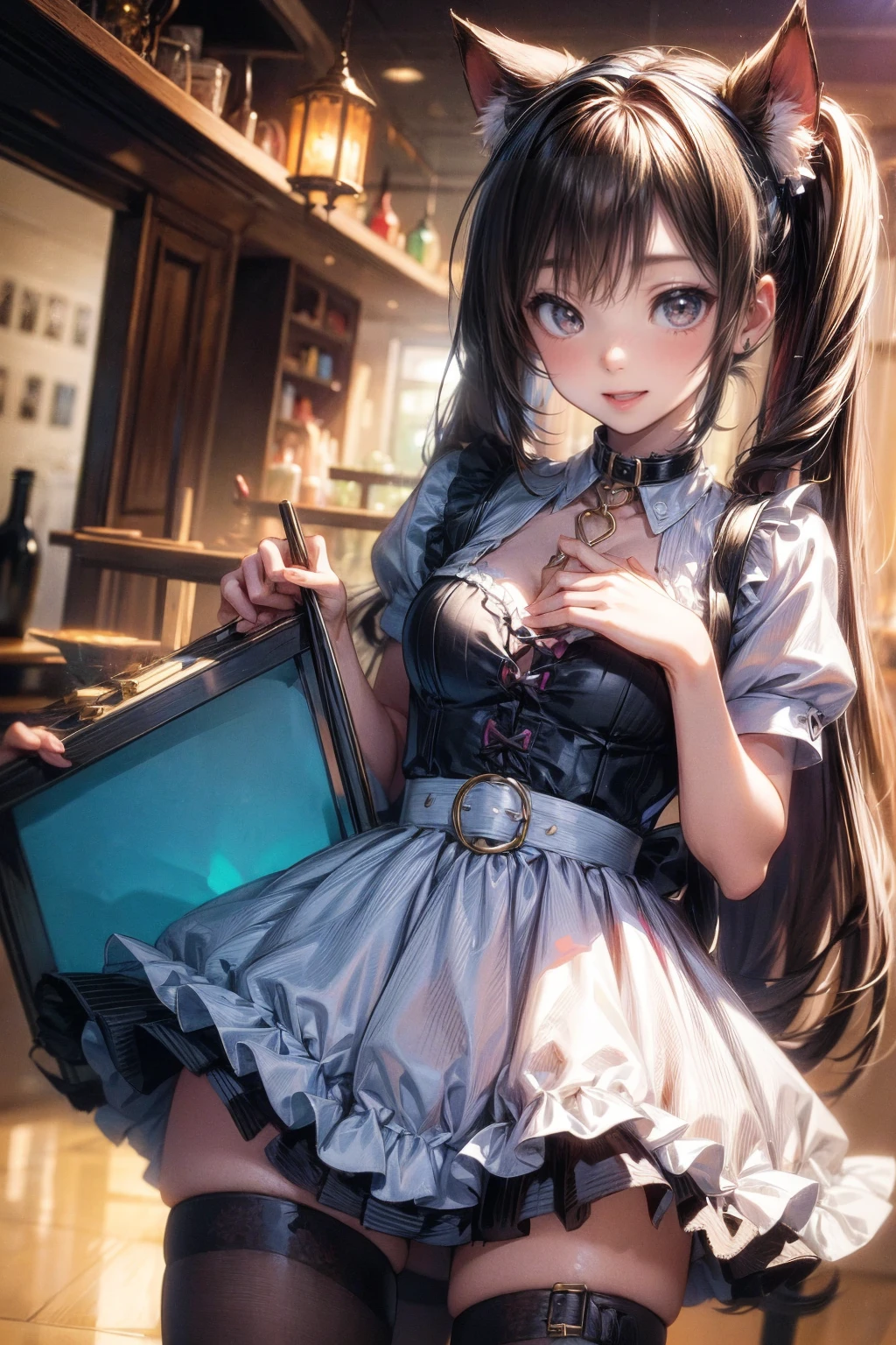 One Girl、(20-year-old woman)、Cat ears headband、Cat tail、Black maid outfit、Holding a tray with two parfaits on it in one hand、With the other hand, lift your skirt to show your underwear、Short skirt、I can see your pants、White knee-high socks、Striped pants、Highest quality、8K、Beautiful Face、Mischievous smile、Wink to the viewer、View Viewer、A bright cafe with a black cat