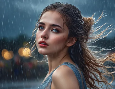 a young woman dancing in the rain, beautiful detailed eyes, beautiful detailed lips, extremely detailed eyes and face, long eyel...